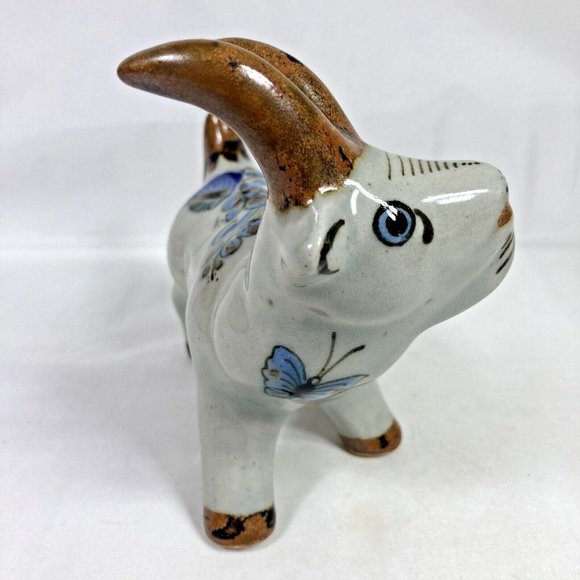 Tonal El Palomar Mexico Pottery Horned Billy Goat Figurine Floral Blue Butterfly - Picture 2 of 14